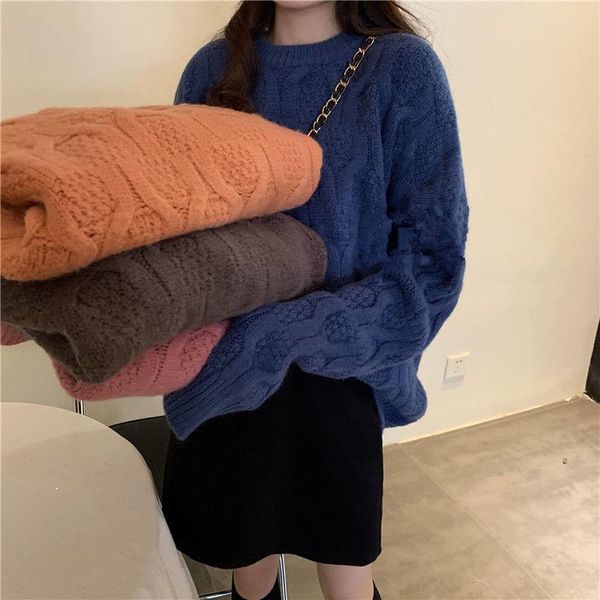 

women's sweaters twisted knitted sweater women o-neck long sleeve vintage casual loose jumpers korean thicken outwear pullovers candy c, White;black