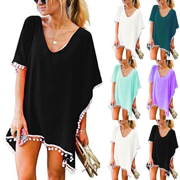 

women's swimwear 2021 chiffon tassels beach wear bathing suits bikini summer mini dress loose solid pareo cover ups women swimsuit up, White;black