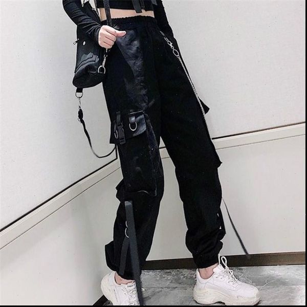 

cargo elastic waist buckle ribbon womens capris pocket jogger high streetwear harajuku pant punk ring chain females trousers, Black;white