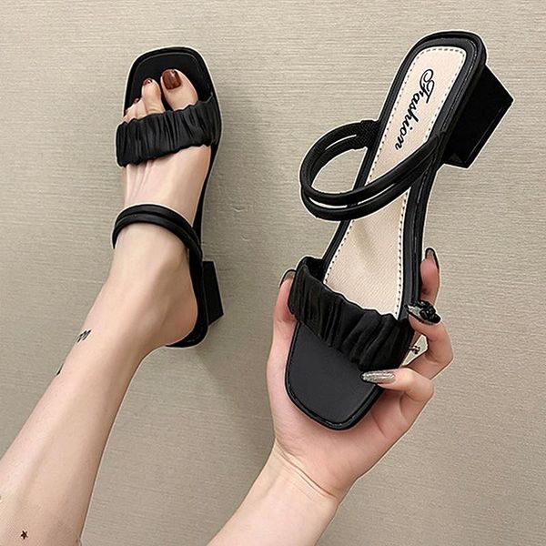 

sandals 2021 women's dual-use in high heels fashion korean version of the simple outer wear square heel rome slippers, Black