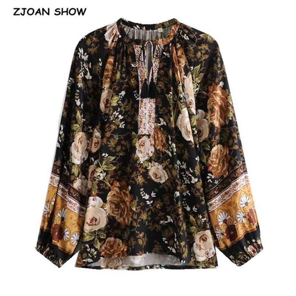 

bohemia location flower print shirt ethnic women tassel bow lace up v neck long sleeve pullover blouse 210429, White