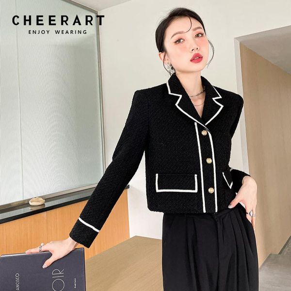 

women's suits & blazers cheerart black tweed blazer autumn jackets for women 2021 wool blends coats cropped short designer jacket, White;black