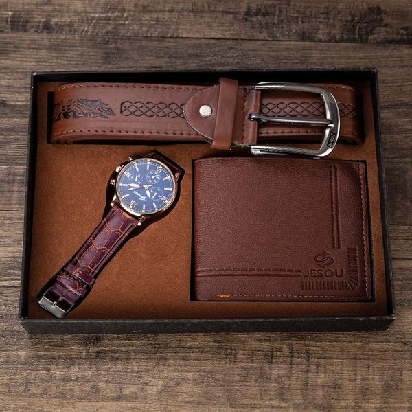 

wristwatches 3pcs men watch gifts set for belt wallet fashion quartz wristwatch luxury business watches father's day, Slivery;brown