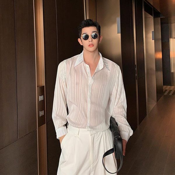 

men's casual shirts white see-through loose chic shirt long sleeve stylish style male h98, White;black
