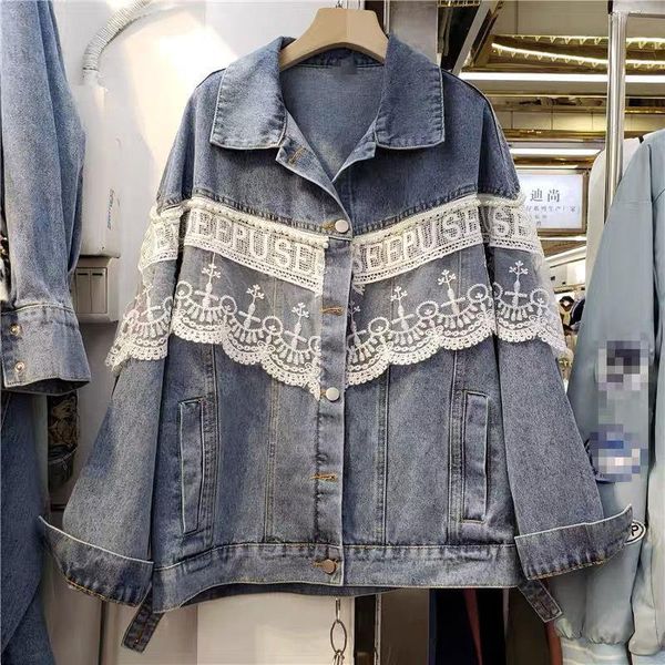 

women's jackets 2021 spring autumn women denim jacket beading lace turn down collar loose outwear mid-length long-sleeved jean coat ove, Black;brown