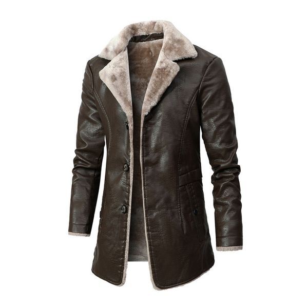 Além de jaqueta de couro de veludo masculina cor sólida único breasted negócios longo jaqueta de inverno moda masculina quente jaqueta