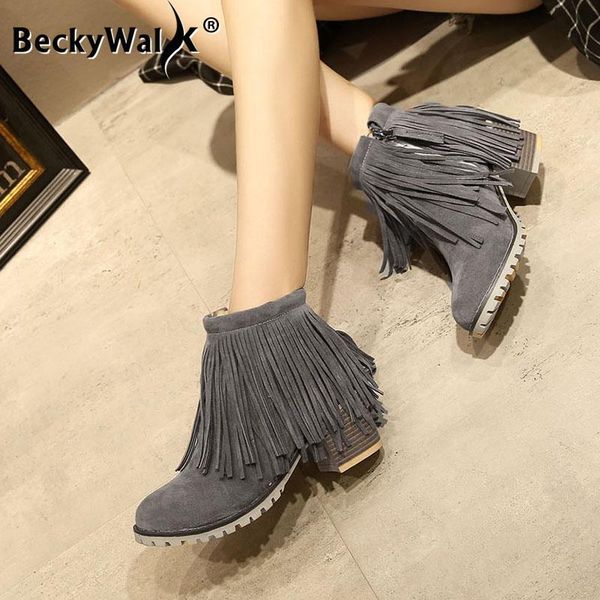 

boots women tassel fringe faux suede leather ankle bohemian winter high heels boot shoes for woman botines mujer 34-43 wsh3741, Black