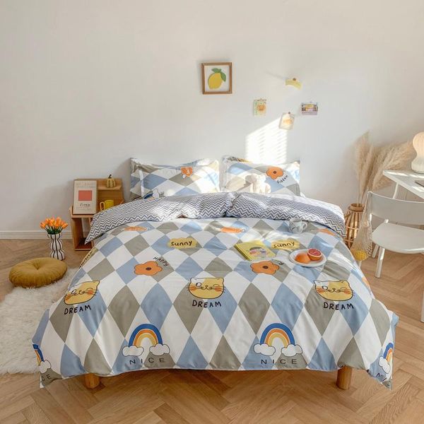 

bedding sets cyan cute cat kitty duvet cover pillow case bed sheet boy kid teen girl linens set king  twin