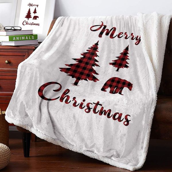 

Merry Christmas Tree Bear Sherpa Flannel Throw Blankets Thick Reversible Plush Fleece Blanket for Bed Couch Sofa Decor Red Black
