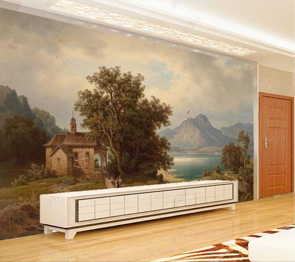 

wallpapers papel de parede landscape oil painting valley church 3d wallpaper mural, bedroom home decoration