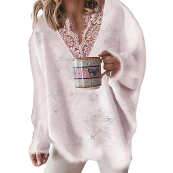 

women's sweaters women sweater solid color lace neckline autumn winter five-pointed star pattern v neck for daily wear jumper, White;black