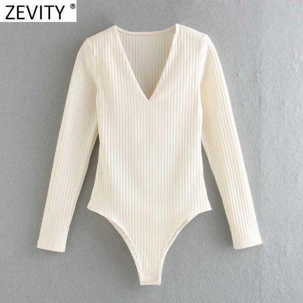 

zevity women fashion shoulder padded v neck slim bodysuits autumn female long sleeve chic playsuits siamese romper ls7347 210603, Black;white