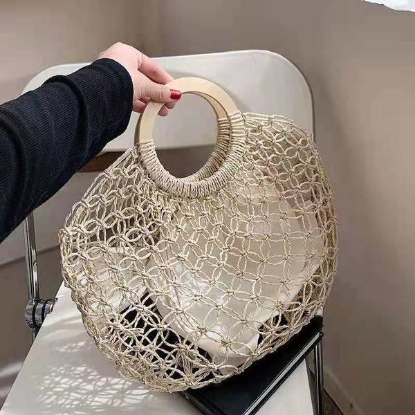 

rattan capacity designer wicker wooden handle mesh bag, Black;red