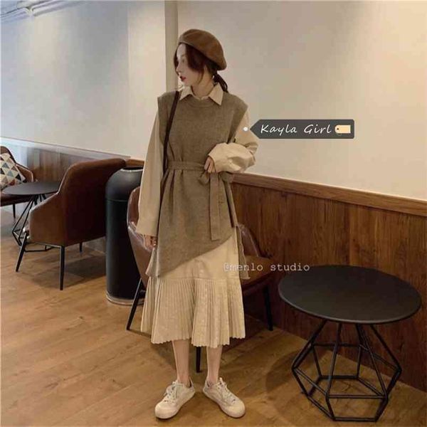 

elegant two pieces set women loose sleeveless vest + pleated long shirt dress autumn ladies korean chic duit outfits 210519, White