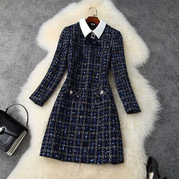 

casual dresses 2021 spring autumn diamonds bow tie turn down collar tweed dress women vintage plaid beaded tassel woolen a line mini robe, Black;gray