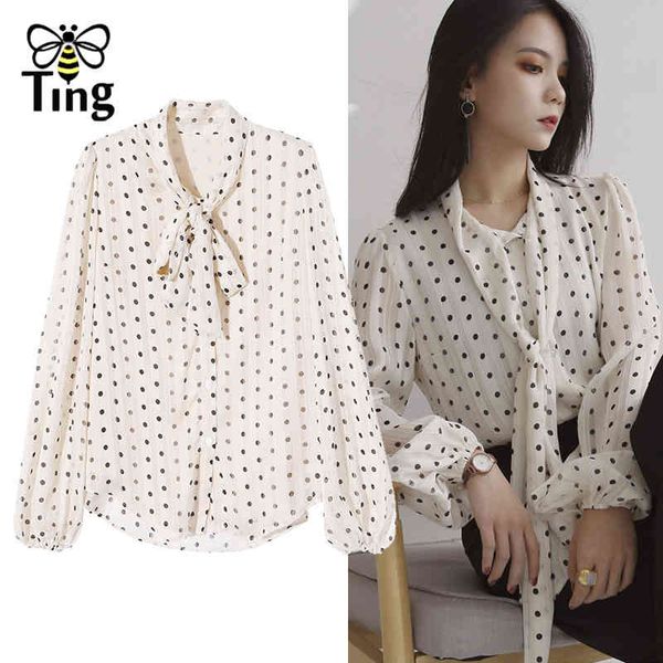 

vintage elegant polka dot bowknot blouses summer casual street chic blusas pullovers chemises femme lady work za 210513, White