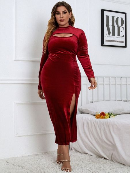 

plus keyhole neck split thigh velvet dress v8x0#, Black