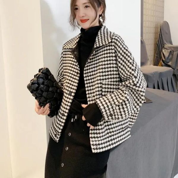 

women's wool & blends women causal houndstooth woolen jacket short looseplaid autumn coat, Black