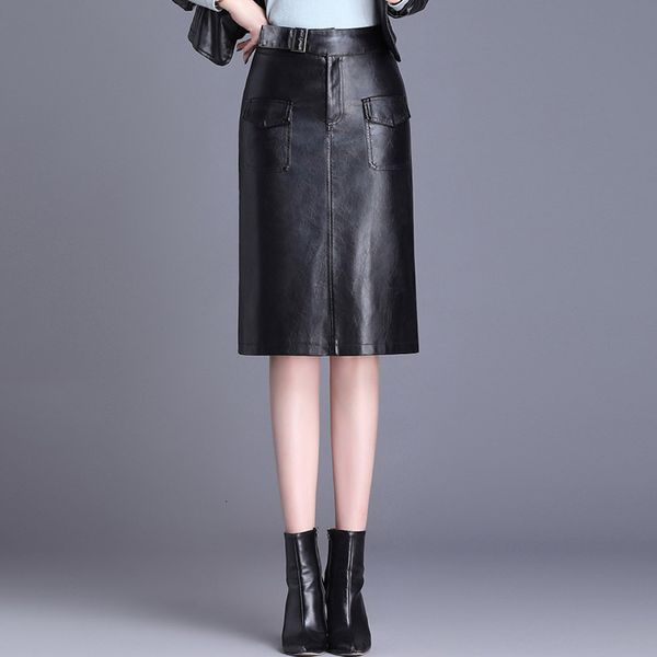 

leather skirt from the plutonium of high-waisted women's office female at knee height fake skirts elegant bodycon slit plus size xxxl 4, Black