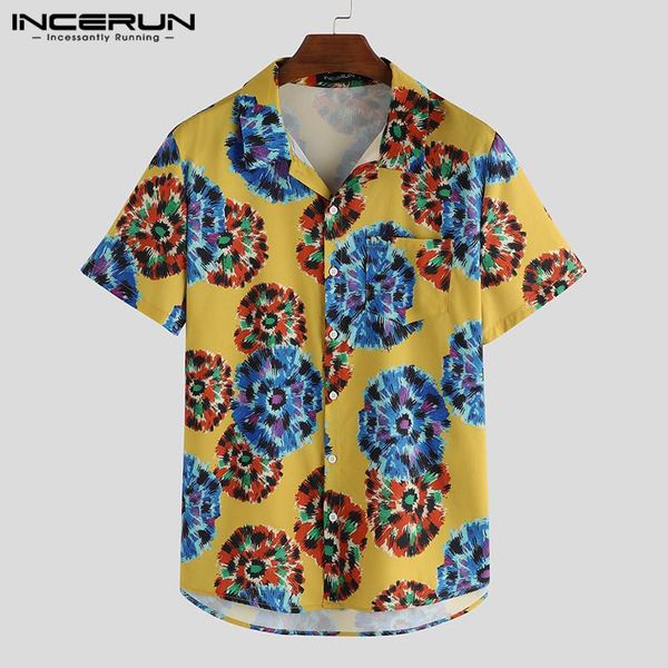 

men's casual shirts incerun summer printed men hawaiian shirt lapel streetwear short sleeve 2021 breathable blouse fashion beach, White;black