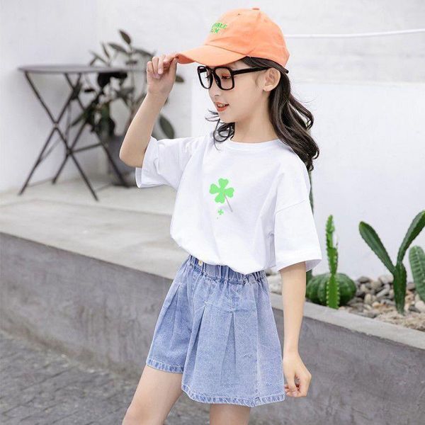 

summer casual children sets t-shirt+bull-puncher knickers pants girls clothing kids suit for 3-7 years, White