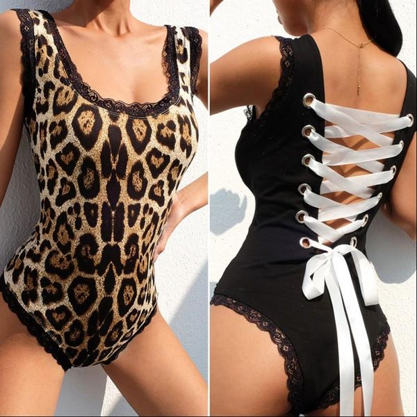 

bodysuit womens jumpsuit for women suspendres back tie rope lace edge side leopard print sleeveless, Black;white