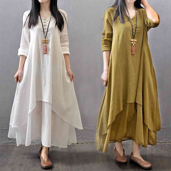 

spring summer women long cotton linen dress white plus size false two pieces o-neck maxi dresses office casual loose dress x0521, Black;gray