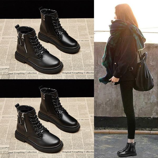 

boots winter woman 2021 fashion match double zipper plus velvet warm pu non-slip ankle zapatos de mujer, Black