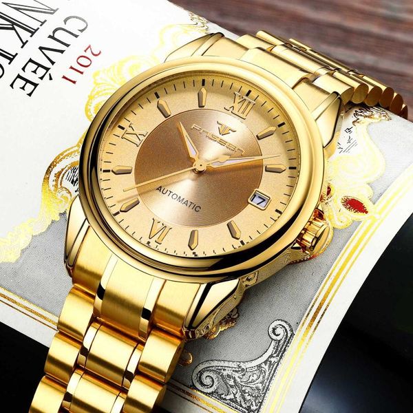 

wristwatches fngeen 6602 fashion mens automatic mechanical watch stainless steel waterproof business men's relogio masculino, Slivery;brown