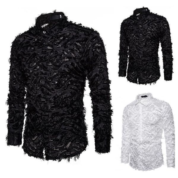 

men's casual shirts padegao handmade three-dimensional feather fabric lapel long sleeve for men male loose hip hop chemise homme, White;black