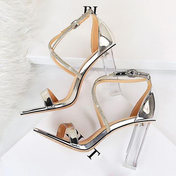 

sandals 2021 summer women 9.5cm high heels glitter transparent block clear platform lady shoes, Black