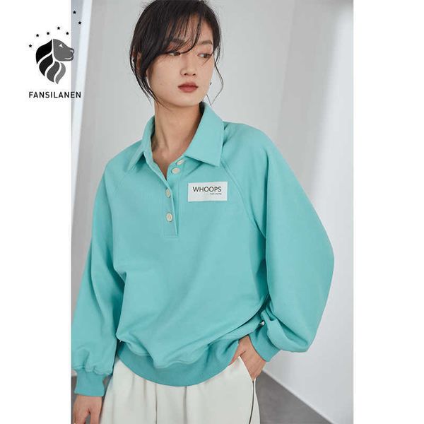 

fansilanen letter print polo casual women's sweatshirt oversized long sleeve vintage spring streetwear female 210607, Black