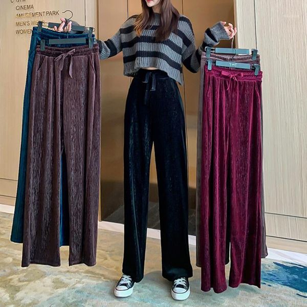 

autumn winter fashion women golden velvet casual pants lady high waist loose straight trouser female slim club women's & capris, Black;white