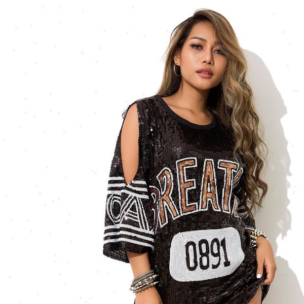 

women hip hop sequins letter print summer t shirt streetwear street dance loose vintage stylish club black female tshirt, White