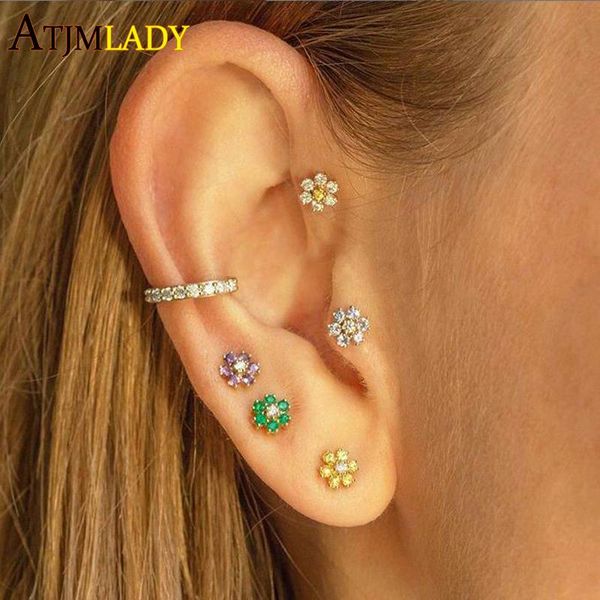 

5a cubic zirconia cz colorful flower earring for women red pink green pastel color flowers fashion jewelry stud, Golden;silver