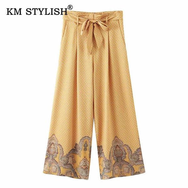 

women's pants & capris women high waist long vintage print wide-leg sashes bow retro fashion national female yellow, Black;white