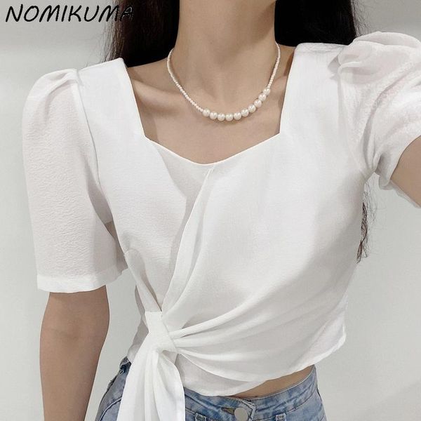 

women's blouses & shirts nomikuma bandage slim waist short blouse korean chic summer puff sleeve shirt causal square collar solid blusa, White