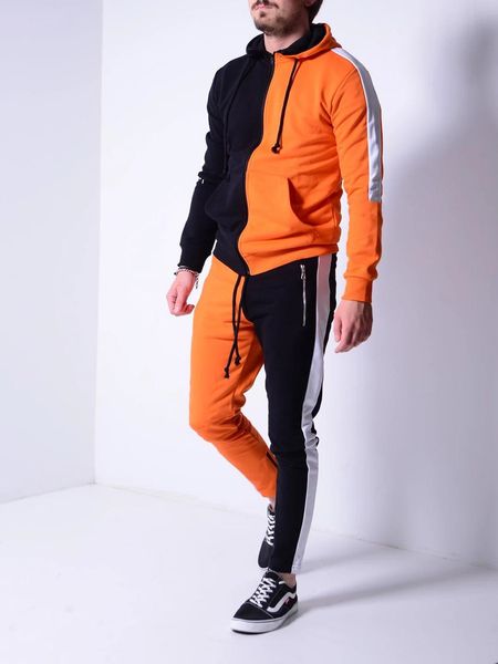 

men's tracksuits 2021 winter suit color matching hooded zipper shirt, Gray