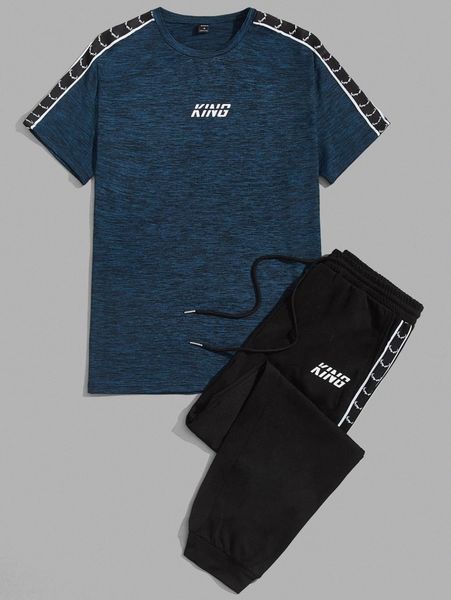 

men letter graphic tee & drawstring sweatpants set a9pf#, Gray