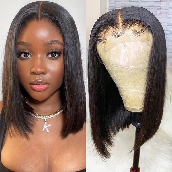 

lace wigs straight bob human hair 13x4 frontal short wig qt 150% density for woman, Black;brown