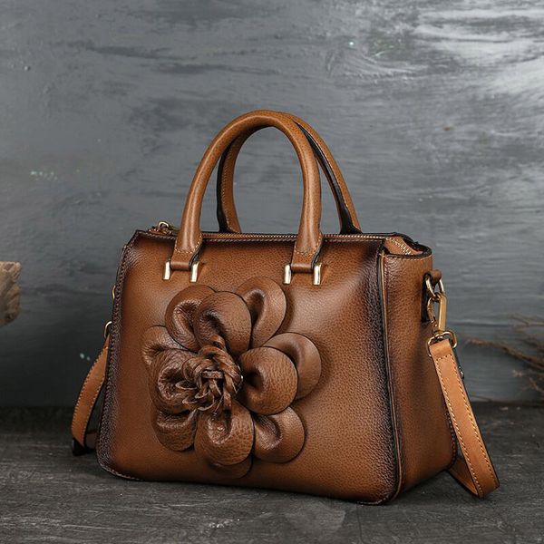 Damentasche mit Blumenprägung, echtes echtes Leder, Handtasche im chinesischen Stil, Umhängetasche, weiches Rindsleder, Schultertasche