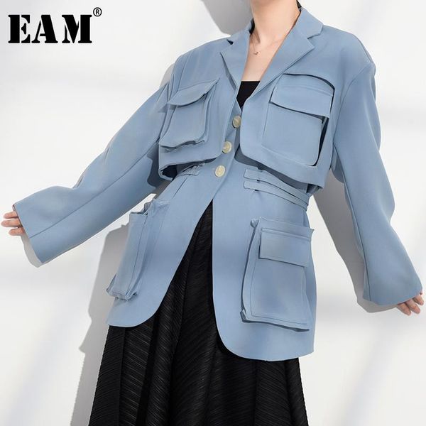 

[eam] women blue pocket bandage big size blazer lapel long sleeve loose fit jacket fashion tide spring autumn 2021 1t66105 women's suit, White;black