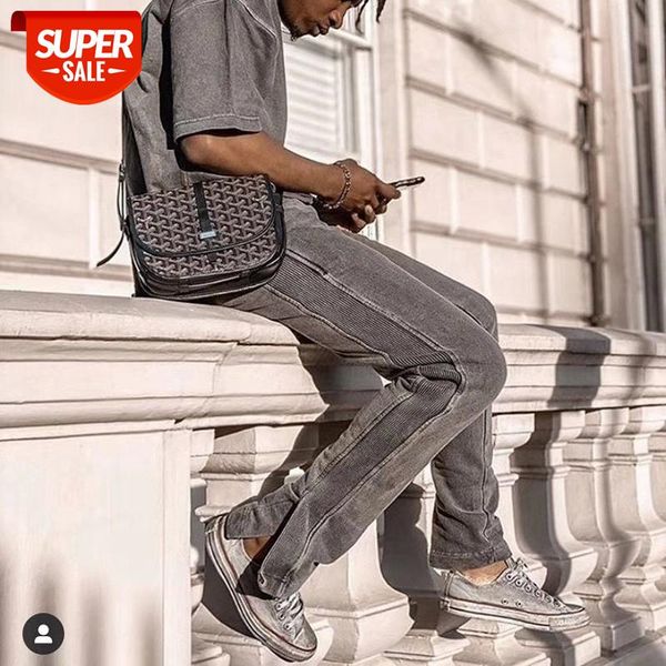 

ankle split side striped casual pants mens drawstring oversize solid washed baggy sweatpants high street loose trousers #eo37, Black;white