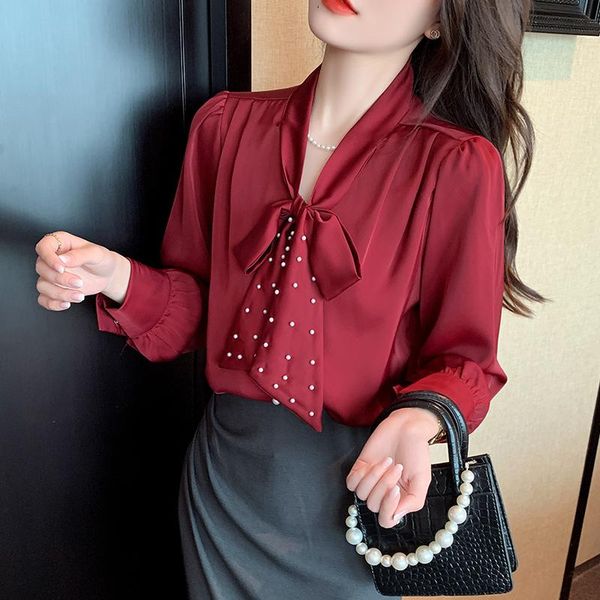 

women's blouses & shirts blouse women autumn 2021 long sleeve solid bow belt beading straight white blue wine red blusas womens and