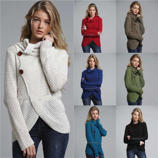 

sweater autumn and winter fashion sweater women's high collar long sleeve large size solid color cardigan 210527, White