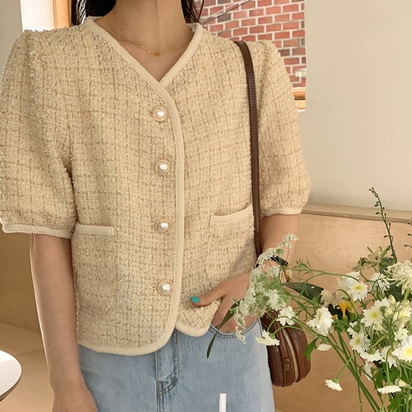 

[ewq] yellow vintage loose pearls button jacket new v-neck half puff sleeve women coat fashion tide spring autumn 2f0556 210423, Black;brown