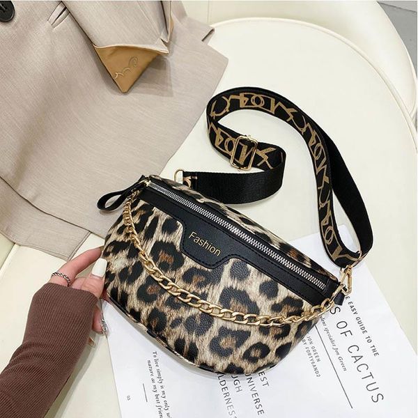 

fashion women handbag designer leopard print waist bag pu wide shoulder strap crossbody pouch lady chest bags fanny pack