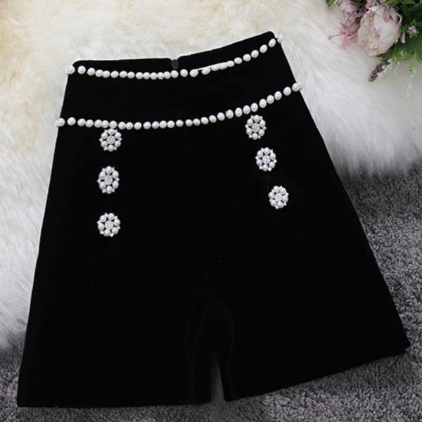 

women's shorts fashioan pearl diamond velvet short women high waist wide leg double breasted casual, White;black