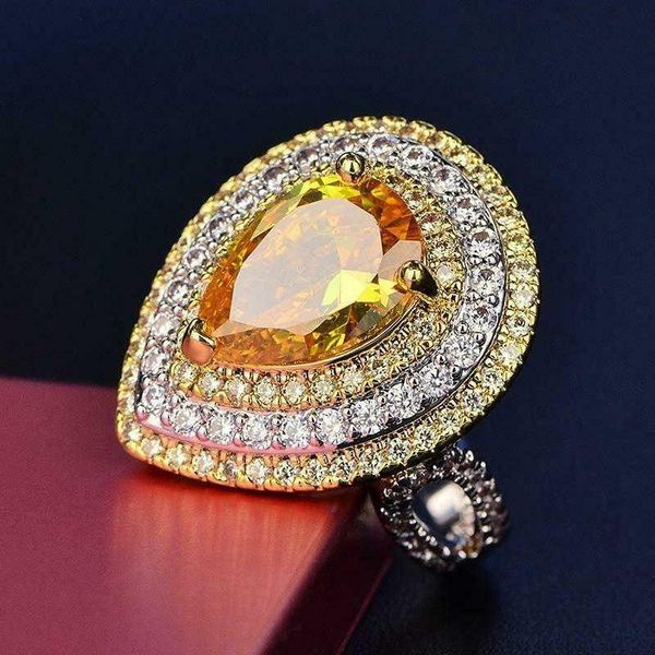 

cluster rings hyperbole yellow zircon ring for women wedding cz luxury huge fine lady engagement jewelry, Golden;silver