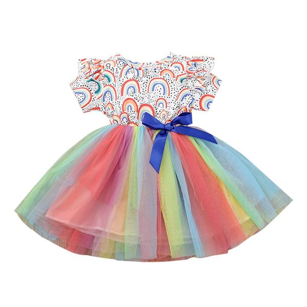 

6m-5y summer toddler infant kid girls rainbow dress cute bow tulle tutu dresses for baby girl costumes 210515, Red;yellow